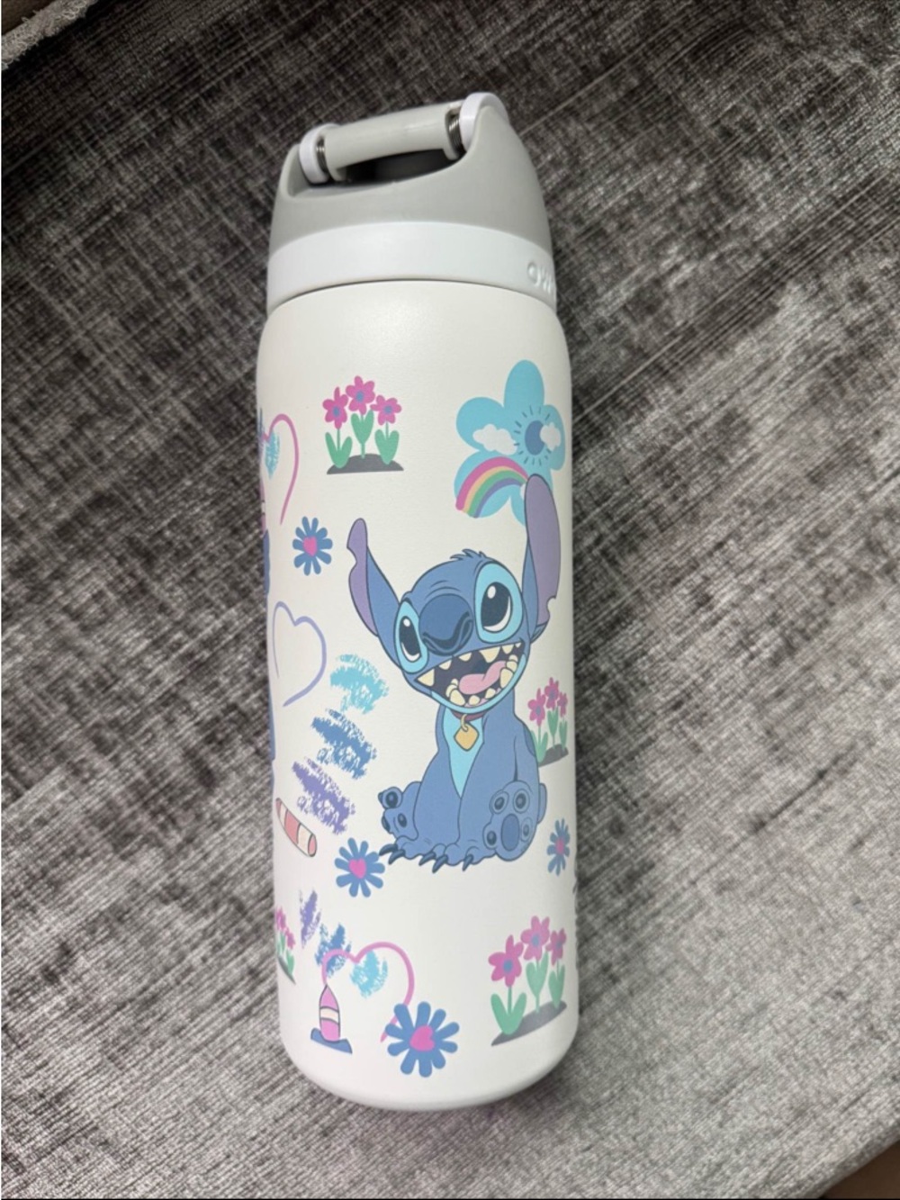 Disney White Water Bottle with Blue Stitch and Pink Floral Accents